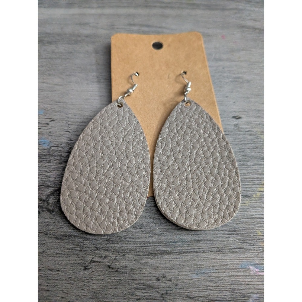 Handmade Taupe Gray Faux Leather Teardrop Dangle Earrings Pebbled Texture